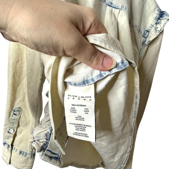 Alice + Olivia Hannah Ruffle Sleeve Button Down Shirt Linen Blend Blue Small - Picture 9 of 9